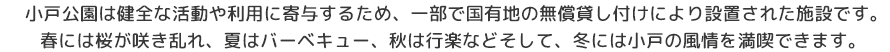 小戸公園は健全な活動や利用に寄与するため、一部で国有地の無償貸し付けによる設置された施設です。